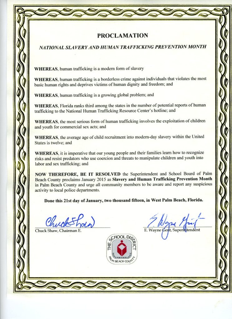 Proclamation by PBC School Board re National Slavery and Human Trafficking Prevention Month
